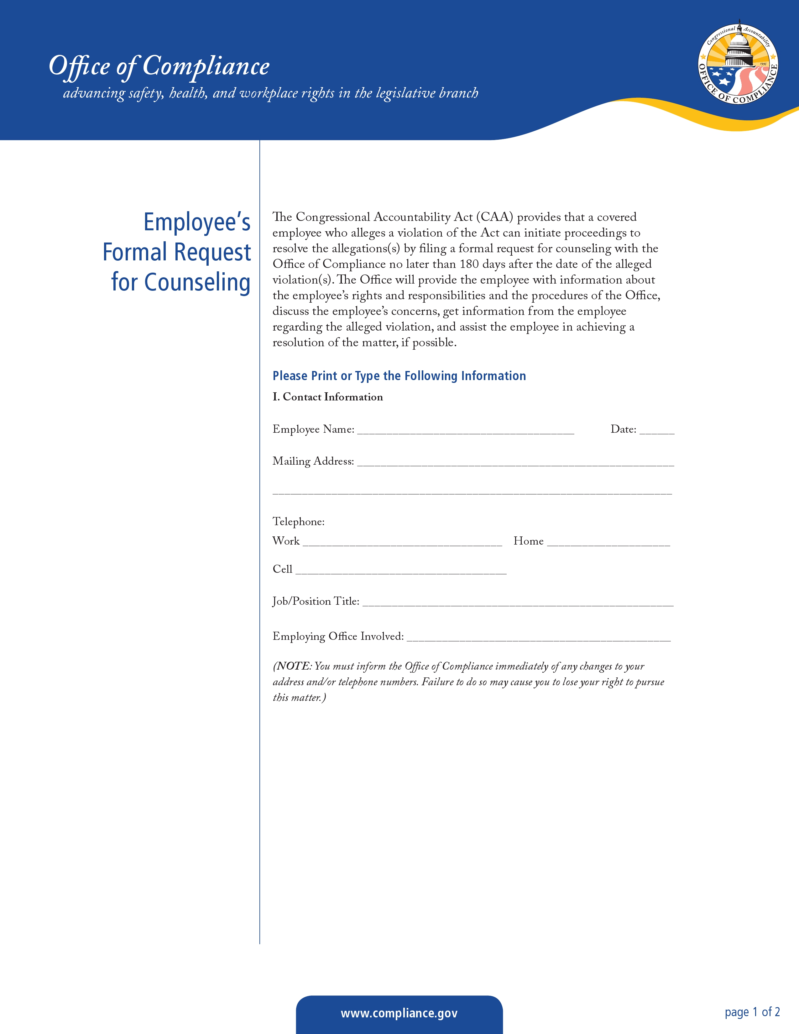 Office of Compliance Complaints for Congressional Employees